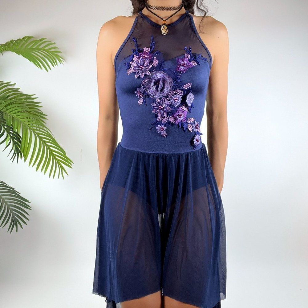 Vintage Y2K Blue Floral Fairycore Dance Leotard Rave Dress Costume / Size: Small - Picture 2 of 5
